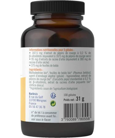 Natesis - Organic Prostate Comfort - 100 Capsules - Men's Urinary Disorders - High Quality Effective Complex of Squash Seed Extracts Nettle Root and Boldo Leaf - Buy Online on GoSupps.com