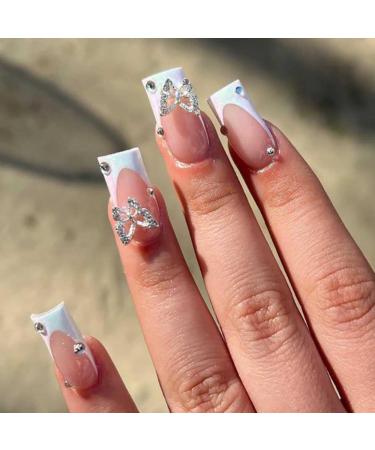Foccna White Press on Nails Medium Long Rhinestone Fake Nails Square Bling Glossy 3D Butterfly False Nail Tips Artificial Nails Finger Manicure for Women and Girls 24pcs