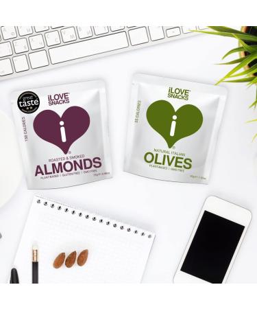 iLOVE SNACKS - Natural Italian Olives Gluten-Free Plant-Based Vegetarian GMO Free Palm Oil Free No Preservatives Low Calorie Healthy Snack Italian Snacks Pitted Olives All Natural 15 x 30g - Buy Online on GoSupps.com