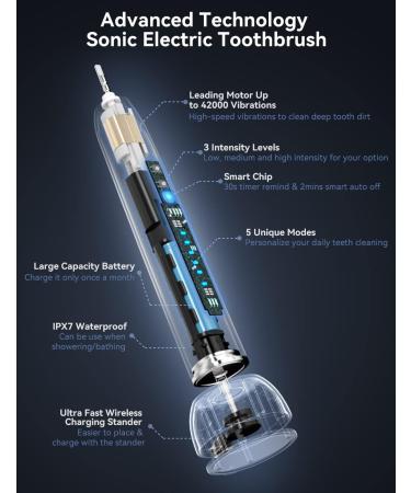 KUSKER Sonic Electric Toothbrush | Rechargeable Ultrasonic Power Toothbrush with 5 Modes and 4 Brush Heads | IPX7 Waterproof | Smart Electronic Toothbrush with Charging Stand - Buy Online on GoSupps.com