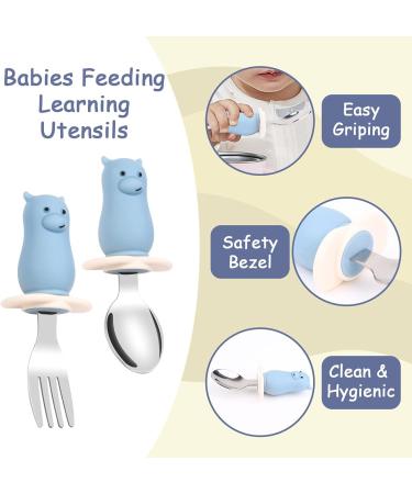 Vicloon Baby Fork and Spoon Set - 2PCS Silicone Stainless Steel Cutlery for Children | Ergonomic Design for Self-Feeding | Short Handle Training Tableware (Hippo) - Buy Online on GoSupps.com