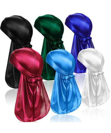 ASKNOTO 6 Pcs Silky Durag Headwraps Dorag for Men Women Waves Durags Pack with Long Tail and Wide Straps 6 Colors