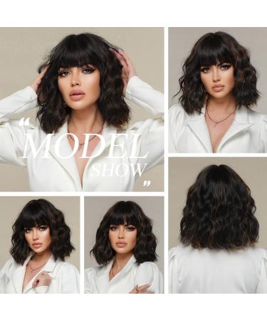 OUFEI Black Highlight Bob Wig for Women - Short Wavy Synthetic Hair Heat Resistant Daily Party Cosplay Wig - 13 Inches Dark Brown Highlight - Buy Online on GoSupps.com