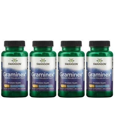 Swanson Maximum Strength Graminex Flower Pollen Extract - Supports Prostate Health, Urinary Tract Function, and Kidney Health - Mens Health Supplement - (60 Capsules, 500mg Each) (4 Pack) 60 Count (Pack of 4)