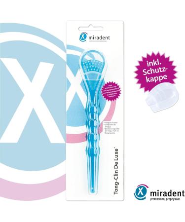 Miradent Tong-Clin de Luxe Tongue Cleaner - Gentle Bad Breath Removal | Blue Transparent | Short Bristle Field | Extra Flat & Curved Stencil - 1 Piece - Buy Online on GoSupps.com