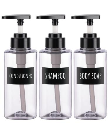 Segbeauty Shampoo Bottles with Labels, 3pcs 10.1oz Plastic Lotion Dispensers with Black Pump, 300ml Empty Refillable Press Shower Bottles Set for Bathroom Shampoo Conditioner Body Soap Clear Clear-10.1oz
