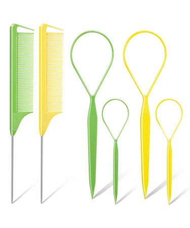 Topsy Hair Tail Tools TsMADDTs 6Pack Hair Loop Tool Set with 2Pairs French Braid Tool Loop 2Pcs Rat Tail Comb for Hair Styling Yellow&Green Green&Yellow