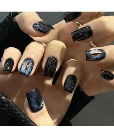 Temperament enhancement nail black wearing nail patch nail short explosive flash finished products handmade detachable students (10 pieces)(S)