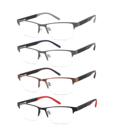 4 Pack Reading Glasses for Men Blue Light Blocking Computer Readers Anti UV Ray/Eye Strain/Glare Metal Frame Eyeglasses with Pouches(150 Magnification Strength) Blue Red Brown Grey 1.5x