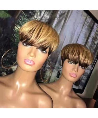 Alcobi Pixie Cut Human Hair Wig for Black Women - Short Bob with Bangs, Black/Brown Highlights - 8 Inch Non Lace Wig - Buy Online on GoSupps.com