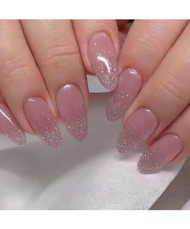 Glitter Pink Almond False Nails - 24Pcs French Press on Nails with Jelly Glue - Glossy Oval Fake Nails Tips for Women's Nail Art - Buy Online on GoSupps.com