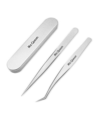 Eyelash Extension Tweezers - Professional 2 Pcs Straight and Curved Pointed Tweezers - Precision Crafted Tweezers for 3D-6D Volume False Eyelashes Extensions with Aluminum Storage Case- Ms.Queen 2Pcs Tweezers Set