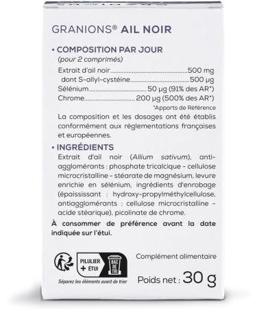 Fermented Black Garlic GRANIONS | Cholesterol Supplement | Rich in Fermented Black Garlic 500 mg with Selenium + Chromium | Natural Anti Cholesterol | Made in France | 60 Tablets - Buy Online on GoSupps.com