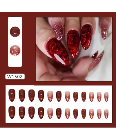 24Pcs Red Almond Press on Nails with Glitter & Sequins - Full Cover Stick on Fake Nails for Men & Women - Glossy Bling Acrylic Decoration - Buy Online on GoSupps.com