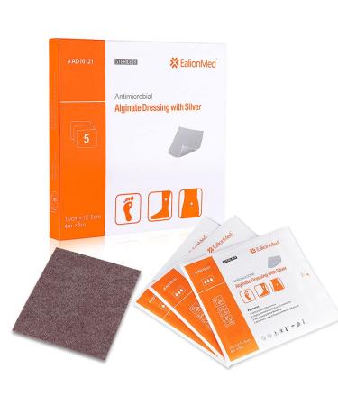 Silver Calcium Alginate Wound Dressing Pad, 4x5 Patch, High Absorbency Non-Stick Ag Gauze for Pressure Ulcer,Bed Sore,Leg Sore,Diabetic Foot Ulcer, 5 Packs 5 Count (Pack of 1)