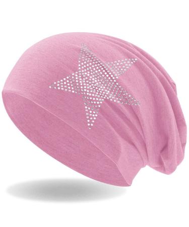 Hatstar Strass star women beanie hat |Elastic slouch long beanie |Girl hat |With noble rhinestone application |Light and soft unit size pink