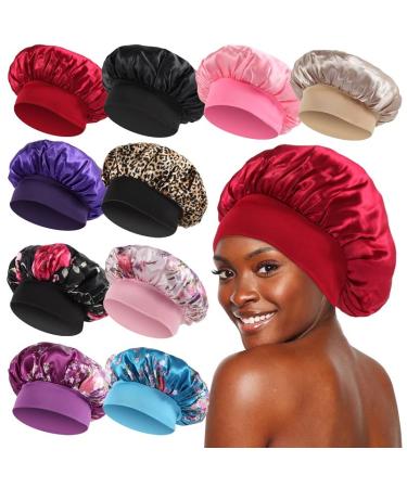 KEPUWAY 10 Pcs Bonnet Superior Satin Bonnet with Elastic Wide Band Silk Hair Bonnet for Sleeping Women Men curly Dreadlock Braid Hair (Multicolor Share Pack) Wine Black Pink Gold Purple Leopard Black Floral Pink Floral...