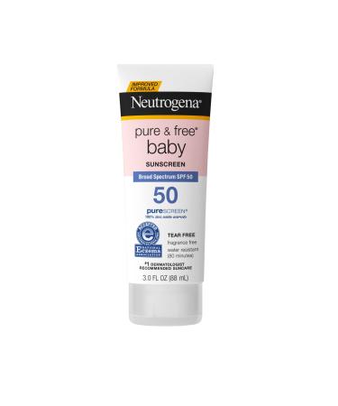Neutrogena Pure & Free Baby Mineral Sunscreen Lotion with Broad Spectrum SPF 50 & Zinc Oxide, Water-Resistant, Hypoallergenic & Tear-Free Baby Sunscreen, 3 fl. oz