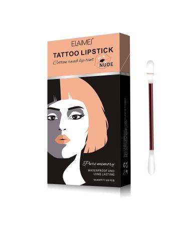 MOMEI Tattoo Lipstick Cotton Swab 20pcs  Durable Waterproof Non-Stick Lipstick Women Long Lasting Lip Gloss Disposable Portable Lip Stain Tint (Nude)