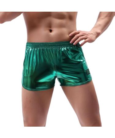 Duohropke men's shine metallic shorts hot pants leather optics boxer shorts trunks glitter beach swimming shorts sport gym jogger short trousers xl green green
