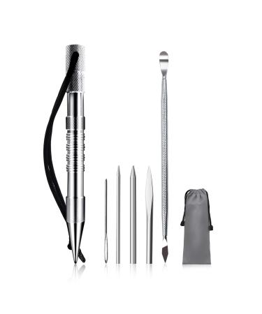 WILDAIR Marlin Spike with 6 Lacing Needles/Fids for Paracord or Leather Work Paracord FID Set Paracord Lacing Stitching Needles and Smoothing Tool Silver 6 Pack