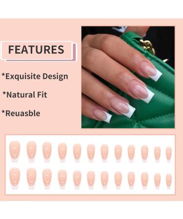 French Tips Press on Nails - Nude & White Acrylic Designs for Women | Stick on Fake Nails for Manicure Decoration - Buy Online on GoSupps.com