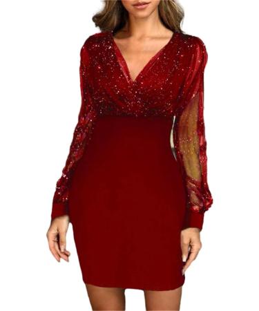 Shop Hanxiulin Womens Evening Dress - Festive Long Sleeve Mini Dress with Sequins for Christmas - Red Etuik Dress for Ladies - Buy Online on GoSupps.com