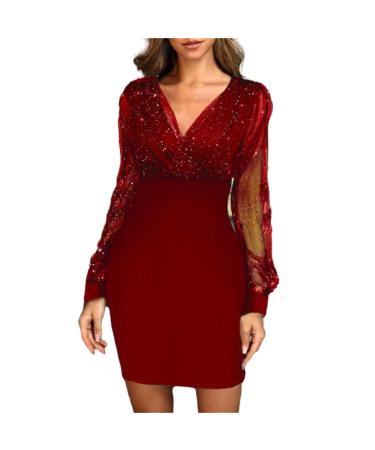 Hanxiulin women evening dress ladies long sleeve festive long -sleeved mini dresses ladies etuic dress christmas festival dress sequin dresses for women red m