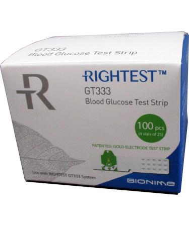 BIONIME GT333 Test Strips (100 Count) for use with BIONIME RIGHTEST GT333 Meter - Blood Sugar Monitoring by Diabetics, Box of 100