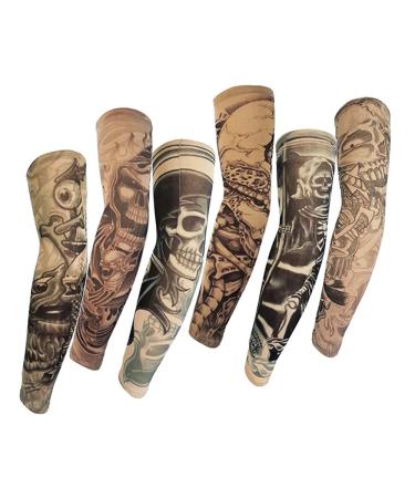 Juland 6 Pcs Temporary Tattoo Sleeves Fake Slip On Tattoo Arm Sleeves Kit Arm Sunscreen Stockings Accessories for Unisex Party Cool Men Women