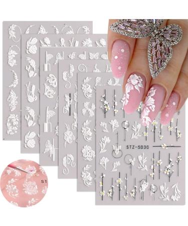 5D Embossed Nail Art Stickers  6 Sheets Engraved Flowers Nail Decals Summer Nail Art Supplies Self Adhesive French Tip Nail Designs 5D Flower Nail Decals Butterfly Nail Stickers for Acrylic Nails