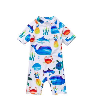 BONVERANO Baby Boy All-in-one Sunsuit/Swimsuits upf 50+ Sun Protection S/S Swimming Costume with Cap. 12-18 Months White Fish