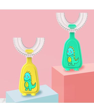 Kids U-Shaped Silicone Toothbrush Set - Cute Pig Handle - 2 Pack, 360 Whole Mouth Cleaning - Toddlers Ages 2-6 Years - 4 Color Dinosaur Design - Buy Online on GoSupps.com