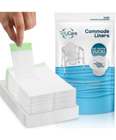 TidyCare Commode Liners for Bedside Toilet Chair Bucket | XL Convenience Pack of 24 Disposable Waste Bags + 24 Absorbent Pads for Adults | Universal Fit 24 Liners + 24 Pads