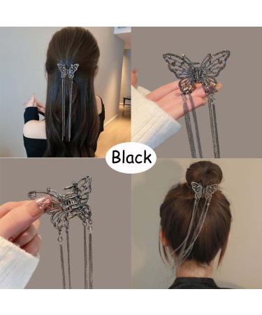 2Pcs Rhinestone Butterfly Hair Clips - Gold & Black | Strong Hold Hair Jaw Clips | French Hair Accessories with Tassel Design - Buy Online on GoSupps.com