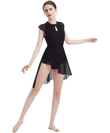 Lyrical Dance Dress with Lace Cap Sleeve & Asymmetrical Tulle Skirt - XS-XL, Black - Buy Online on GoSupps.com