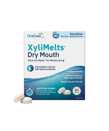 OraCoat XyliMelts Dry Mouth Relief Stick-On-Melts for Sensitive Mouths Mint-Free and Acacia Gum-Free with Xylitol 40 Count Non-Acidic Day & Night User Long Lasting 8-Hour Moisturizing Relief