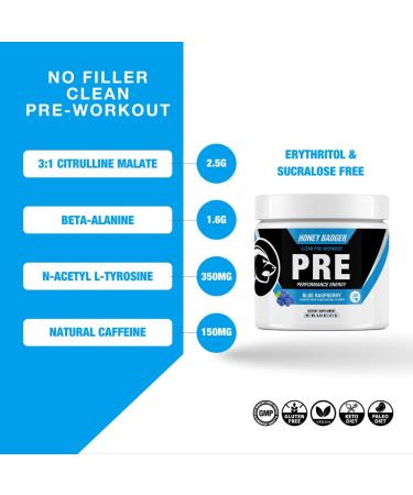 Honey Badger Pre Workout Powder Keto Vegan Preworkout for Men & Women Beta Alanine & Caffeine 30 Servings - Blue Raspberry - Buy Online on GoSupps.com