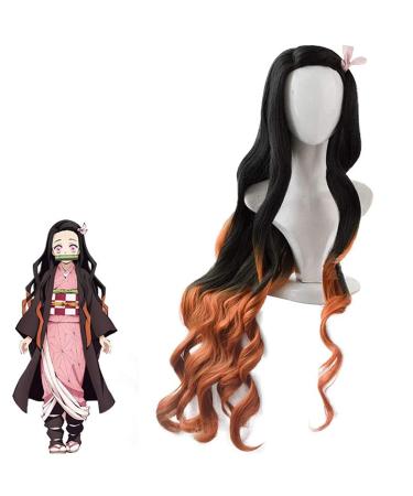 Kamado Nezuko Demon Slayer Wig Japanese Anime Character Cosplay Wigs with Accessories Long Curly Black Orange Gradient Nezuko Cosplay Kids Wig for Halloween Props nezuko wig