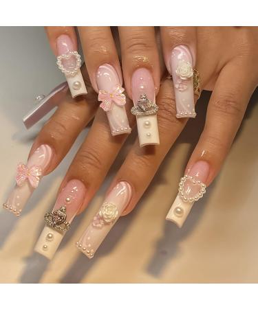 French Tip Press on Nails Long Coffin Fake Nails Summer Pink False Nails Heart-Shaped Pearl and Bows Designs Pink Rhinestone Full Cover Glossy Cute Flower Acrylic Nails White Nail Tips Glue on Nails for Women Girls 24 Pcs Style 14