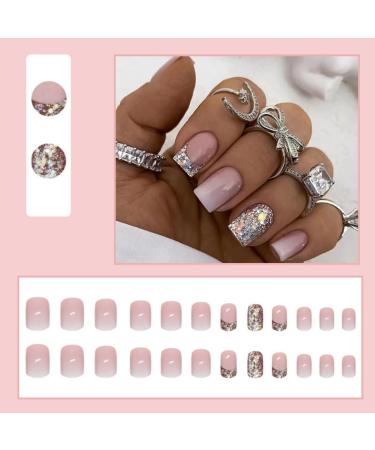 Justotry 24-Piece Glitter French Press-On Nails - Glossy Milky & Pink Angular Square Artificial Nails for Stunning Nail Art | International Shipping - Buy Online on GoSupps.com