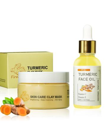 Turmeric Face Clay Mask & Turmeric Oil skincare kit Vitamin C Deep Cleansing Facial Mask Overnight Face Mask for Pores Turmeric Face Oil for Dry Skin Turmeric Face Serum Dermaplaning Oil