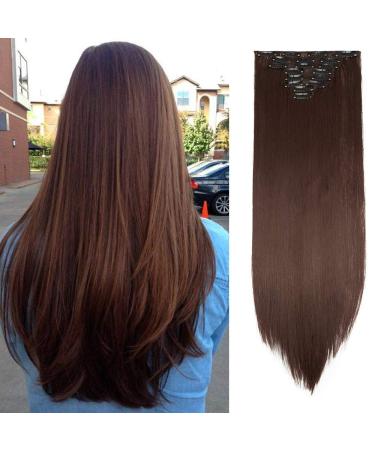 Silk-co 23" 8PCS Hairpiece Clip in Hair Extensions Light Brown 100% Synthetic Hair Piece Long Straight for Full Head 23 Inch Straight #Light Brown