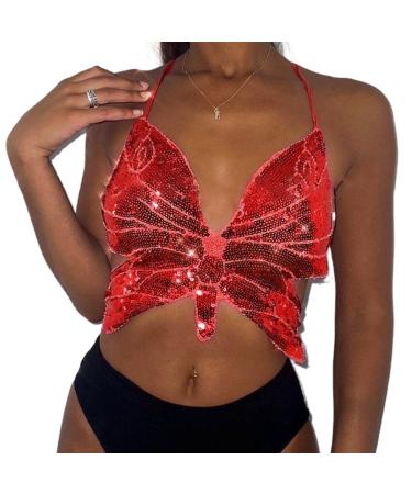 REETAN Sequins Bra Tops Butterfly Crop Top Party Belly Dance Tops Fashion Rave Costume for Women and Girls (C-Red)