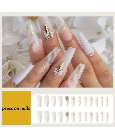 Kamize Rhinestones Fake Nails Coffin - White Marble | Long Press on Full Cover Acrylic False Nails for Women and Girls - Buy Online on GoSupps.com