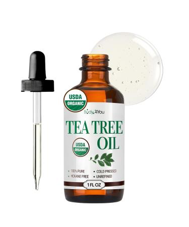 BodyJ4You Pure Tea Tree Oil - 100% Natural USDA Organic Premium Grade Essential Oil - Face Skin Care Healthy Hair Scalp Toenail Piercing Aftercare - Undiluted Non-GMO Aromatherapy DIY Beauty - 1 Fl Oz 1 Fl Oz (Pack of 1)
