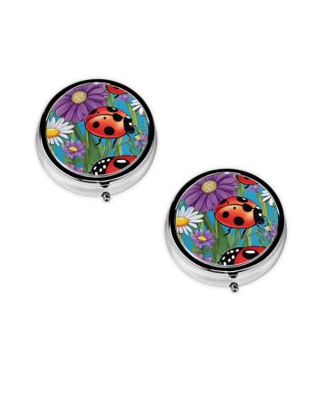 Colorful Ladybird Printed Mini Round Pill Box Pill Box 3 Compartment Medicine Pill Case Pill Organizer Travel Pillbox Portable Pill Box for Pocket Home Office Use