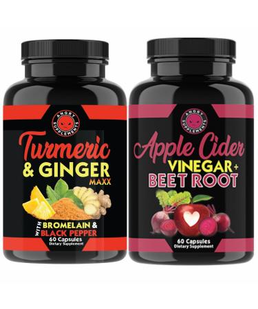 Angry Supplements Turmeric Ginger Maxx + Apple Cider Vinegar with Beet Root 2-Pack Wellness Bundle Supports Energy Digestion and Daily Vitality Natural Herbal Capsules for Men & Women