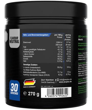 Zec+ Nutrition LEUCIN Professional 270g | Tasteless Flavor | Premium Leucine Supplement for Muscle Growth & Recovery - Buy Online on GoSupps.com