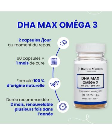 Roches Marines - DHA Max Omega 3 Supplement - 10% EPA - 50% DHA - Rich in Omega 3 DHA - Good Brain Function - Memory - Learning - 60 Capsules - Developed in France - Buy Online on GoSupps.com